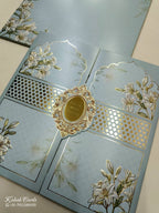 KLB740 Floral Design Blue Color Double Door Style Semi Box Wedding Card (2 Page & Couple Name Acrylic)