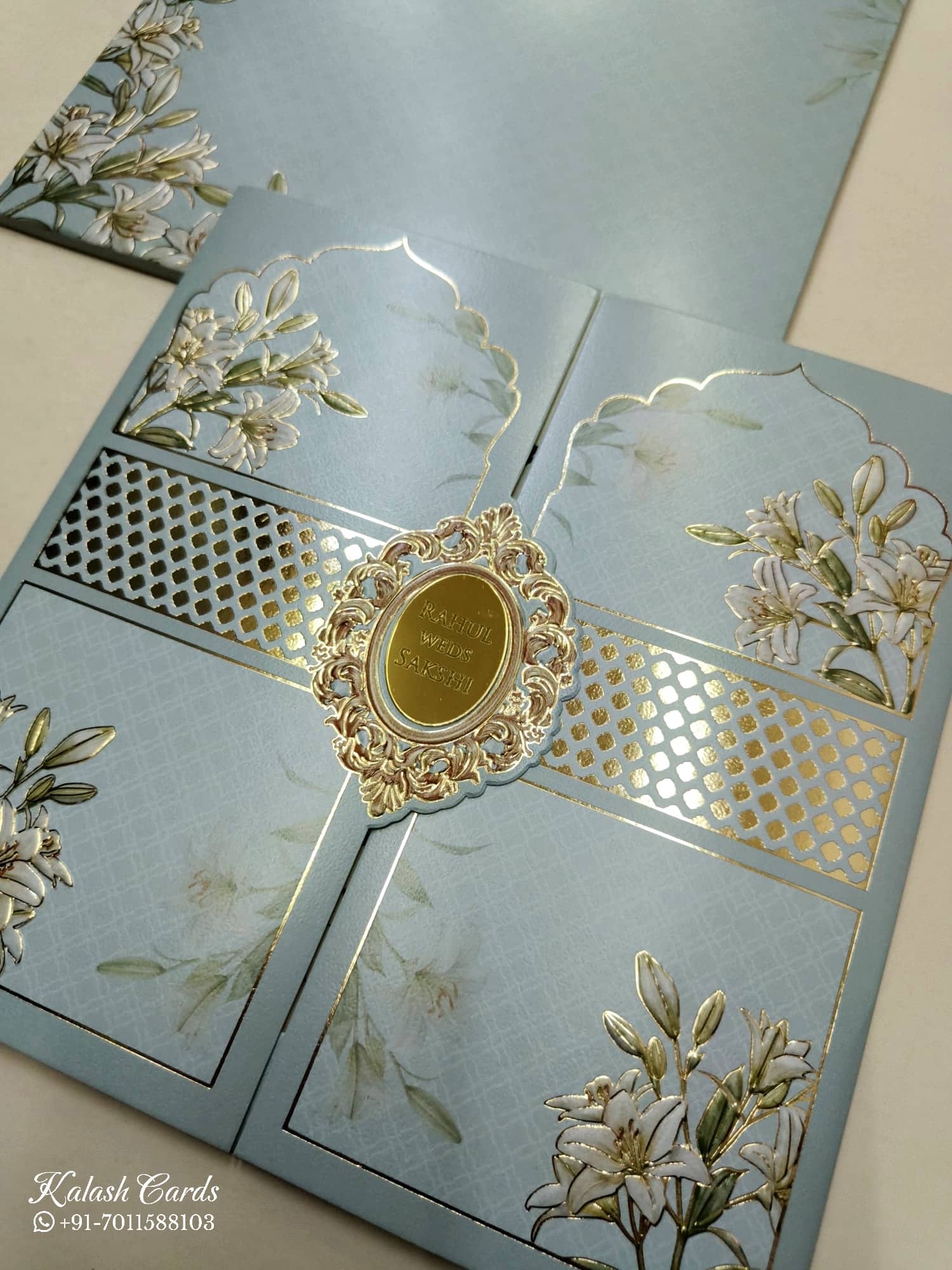 KLB740 Floral Design Blue Color Double Door Style Semi Box Wedding Card (2 Page & Couple Name Acrylic)
