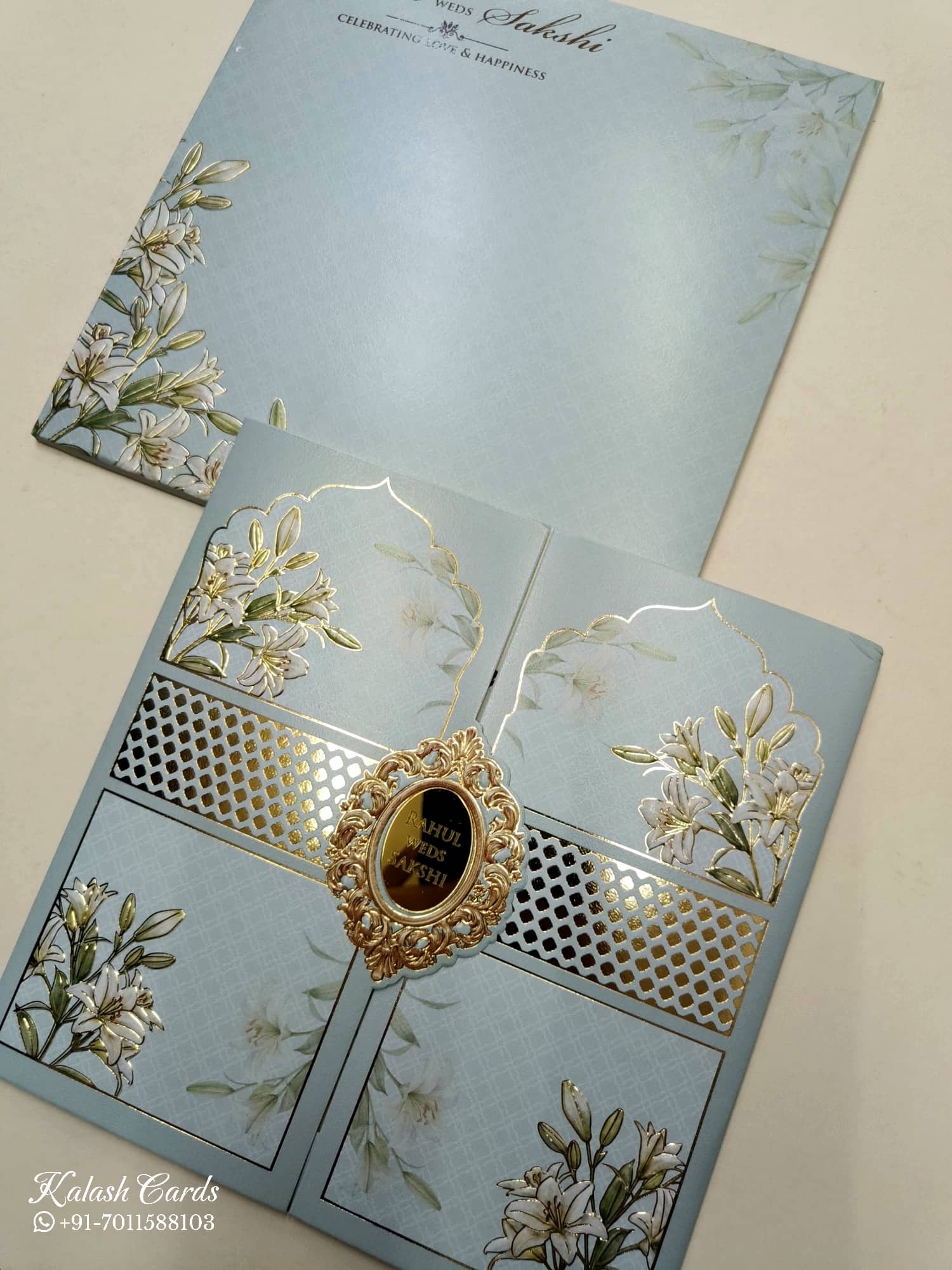 KLB740 Floral Design Blue Color Double Door Style Semi Box Wedding Card (2 Page & Couple Name Acrylic)