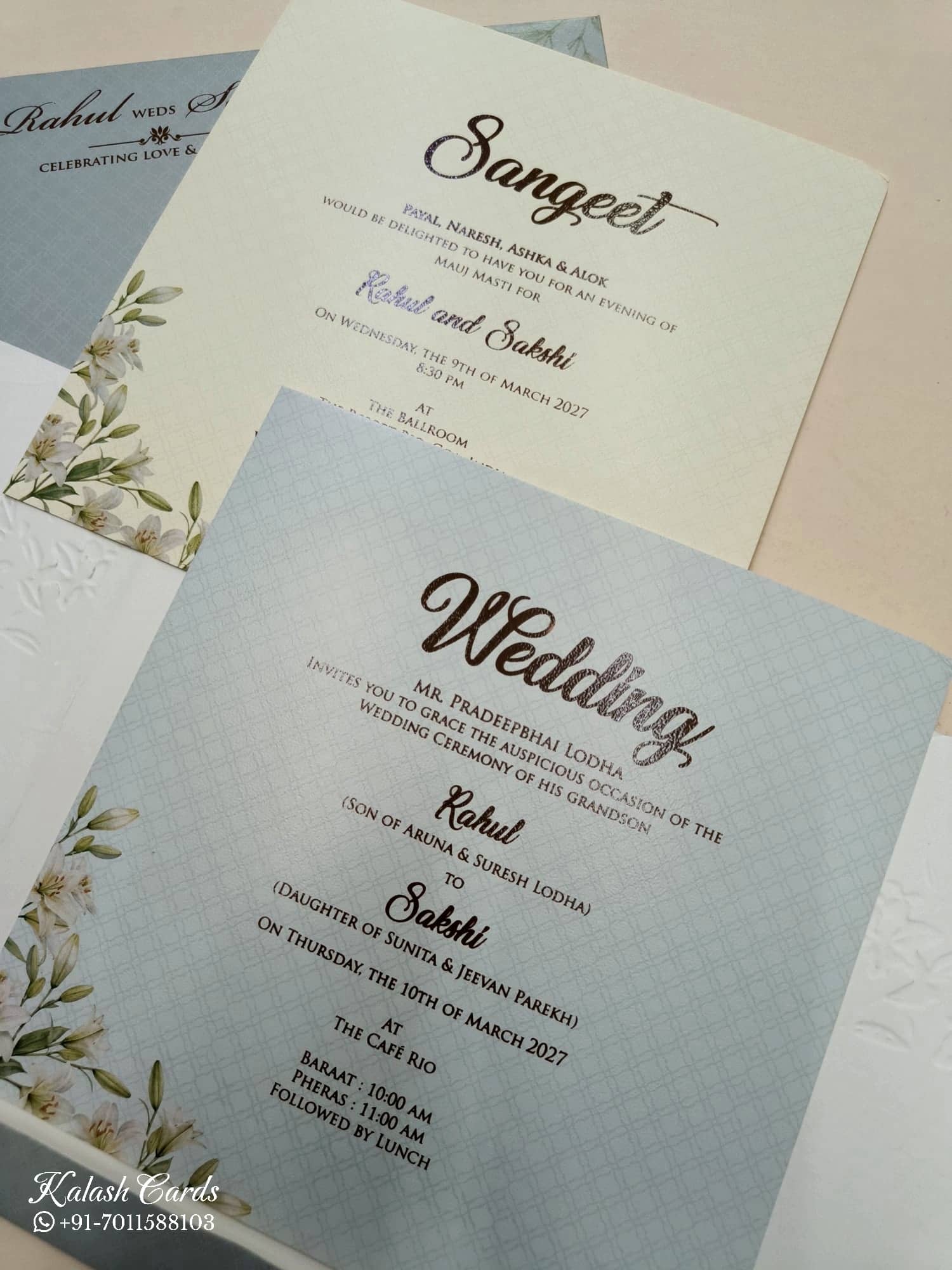 KLB740 Floral Design Blue Color Double Door Style Semi Box Wedding Card (2 Page & Couple Name Acrylic)