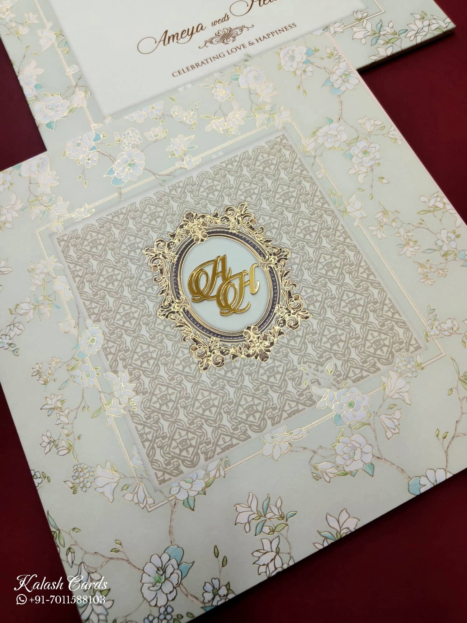 KLB741 Floral Traditional Design Creme Color Embossed Semi Box Wedding Card (2 Page & Couple Initial Acrylic)