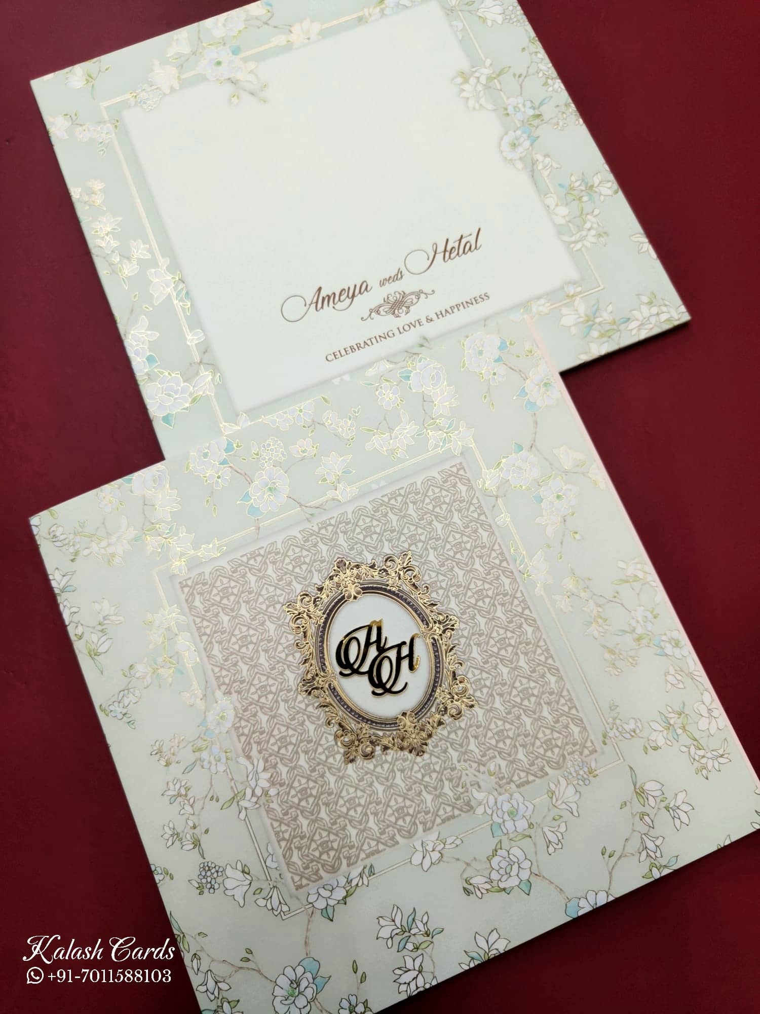 KLB741 Floral Traditional Design Creme Color Embossed Semi Box Wedding Card (2 Page & Couple Initial Acrylic)