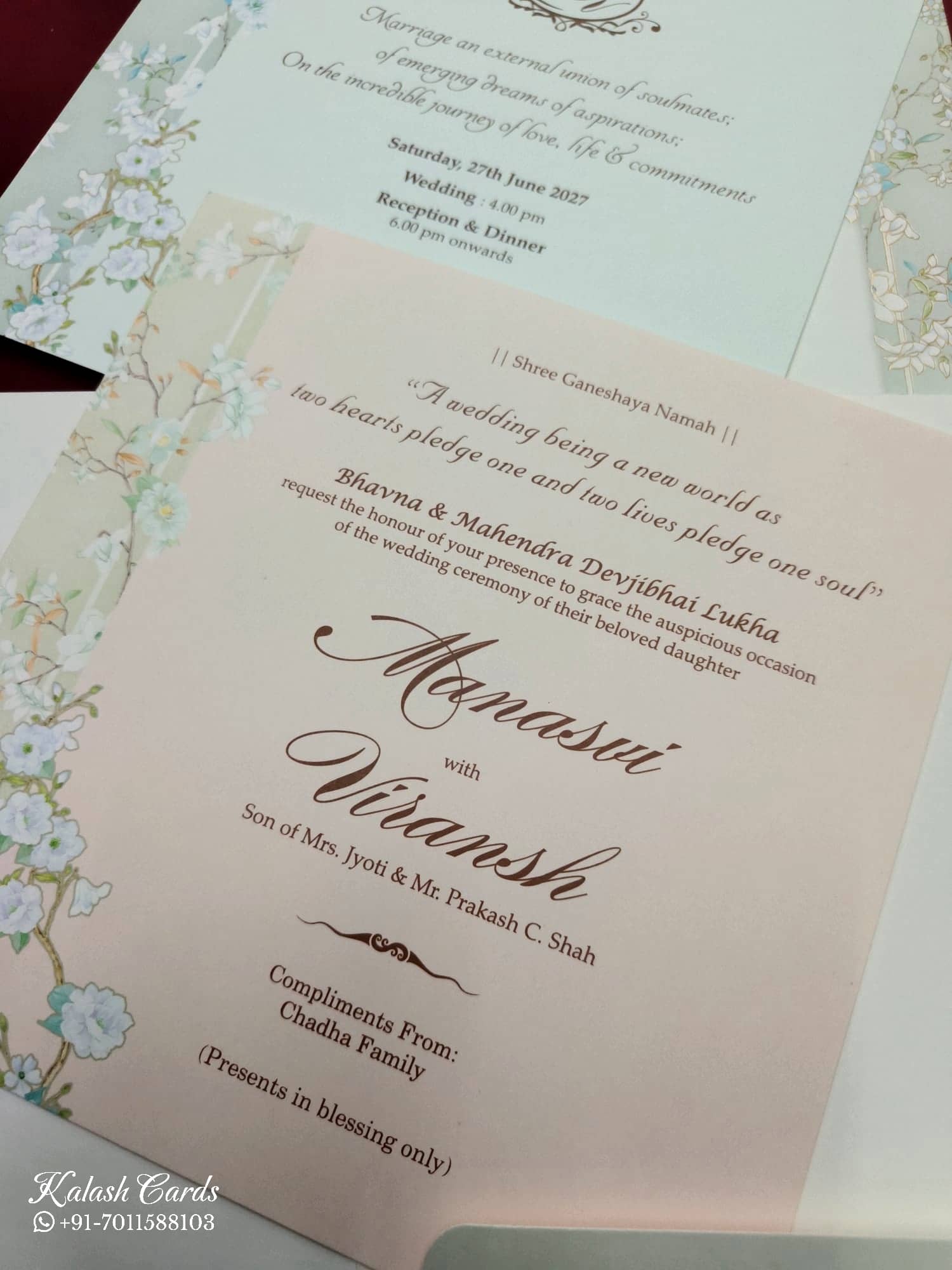 KLB741 Floral Traditional Design Creme Color Embossed Semi Box Wedding Card (2 Page & Couple Initial Acrylic)