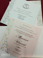 KLB741 Floral Traditional Design Creme Color Embossed Semi Box Wedding Card (2 Page & Couple Initial Acrylic)