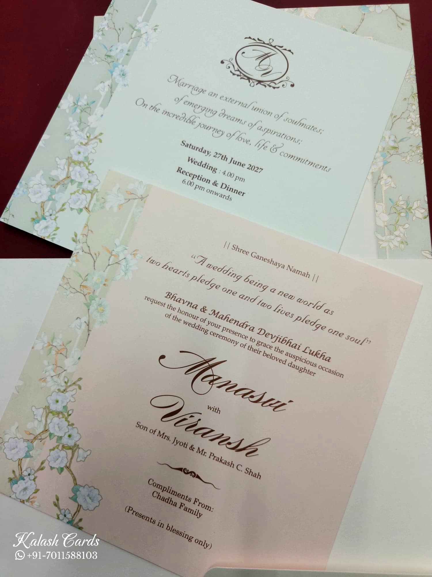 KLB741 Floral Traditional Design Creme Color Embossed Semi Box Wedding Card (2 Page & Couple Initial Acrylic)