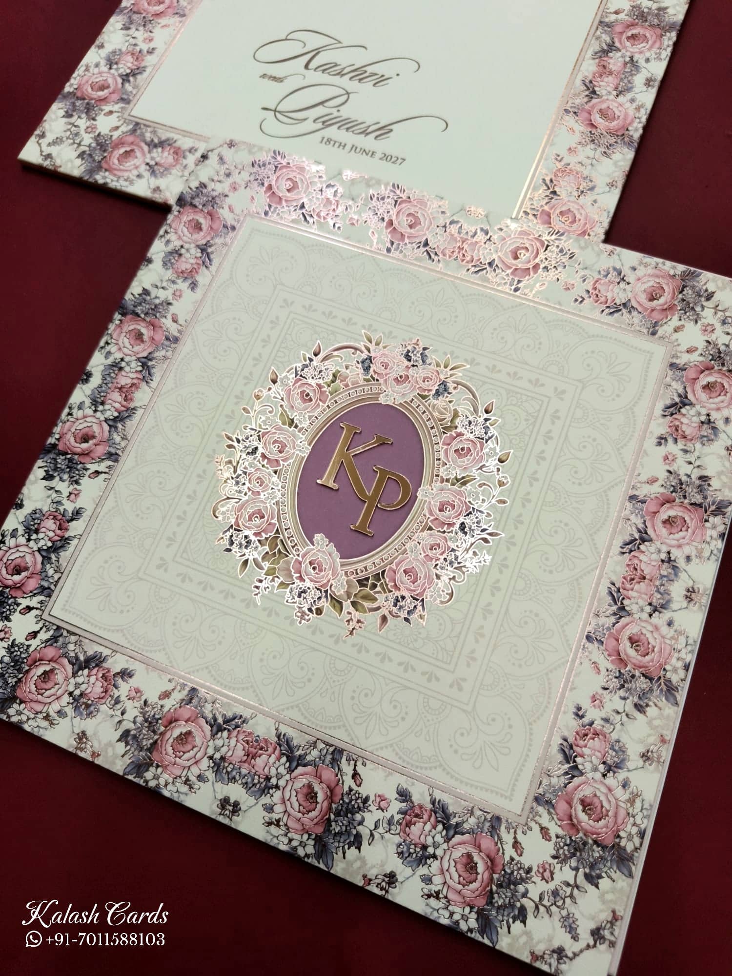 KLB742 Rose Floral Design Creme Color Semi Box Wedding Card (2 Page & Couple Initial Acrylic)