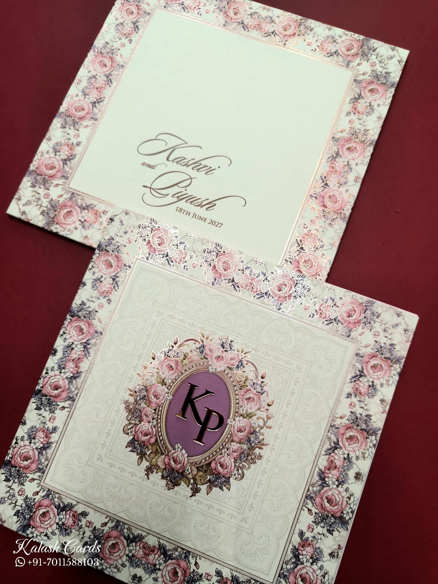 KLB742 Rose Floral Design Creme Color Semi Box Wedding Card (2 Page & Couple Initial Acrylic)