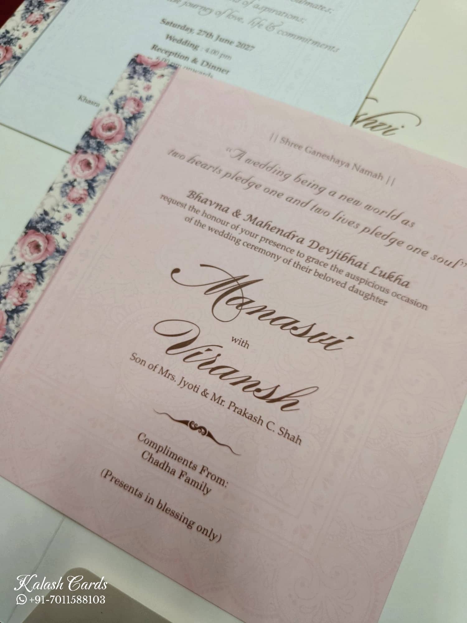 KLB742 Rose Floral Design Creme Color Semi Box Wedding Card (2 Page & Couple Initial Acrylic)
