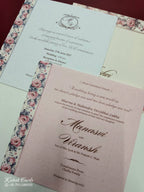 KLB742 Rose Floral Design Creme Color Semi Box Wedding Card (2 Page & Couple Initial Acrylic)