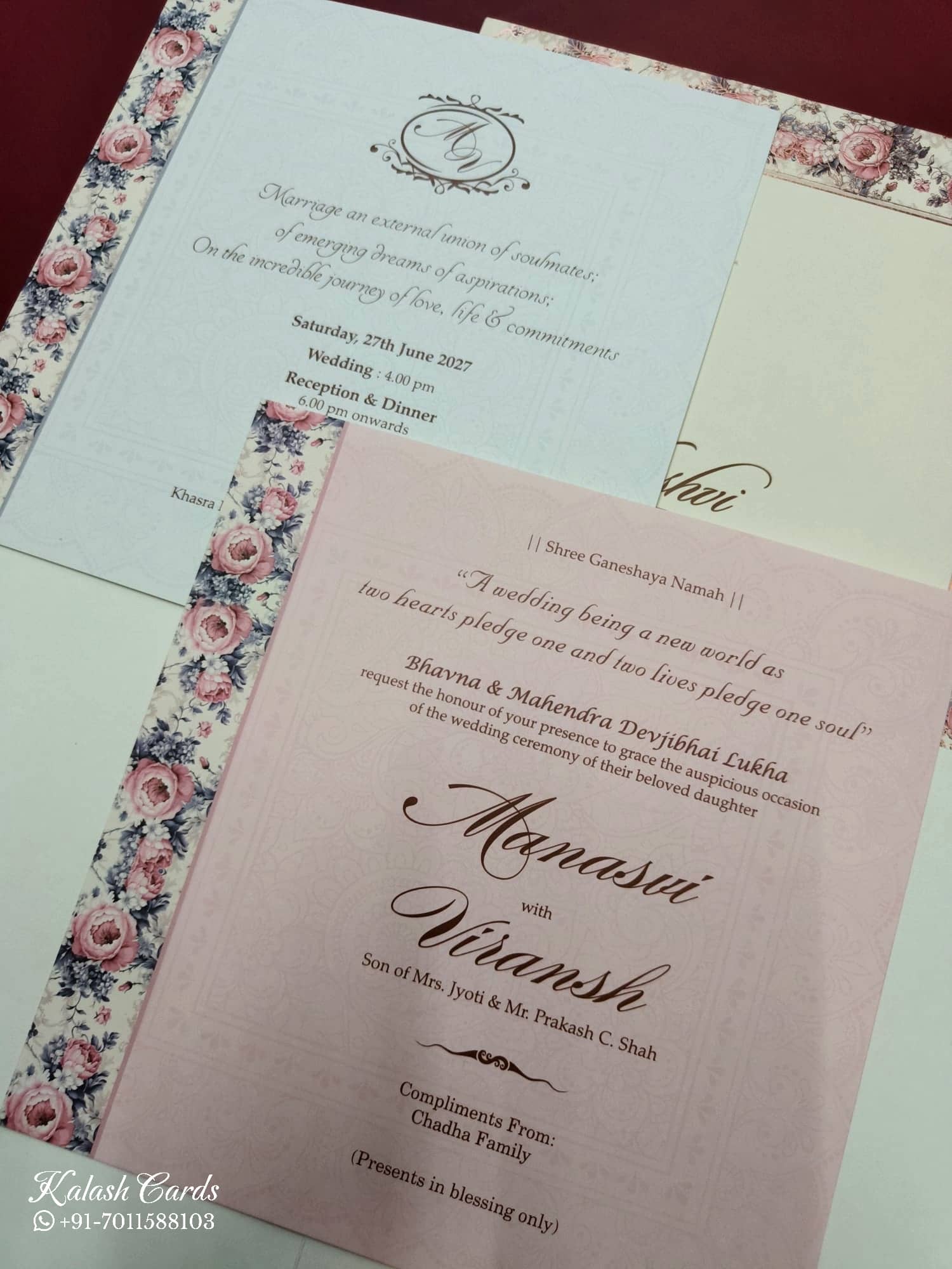 KLB742 Rose Floral Design Creme Color Semi Box Wedding Card (2 Page & Couple Initial Acrylic)