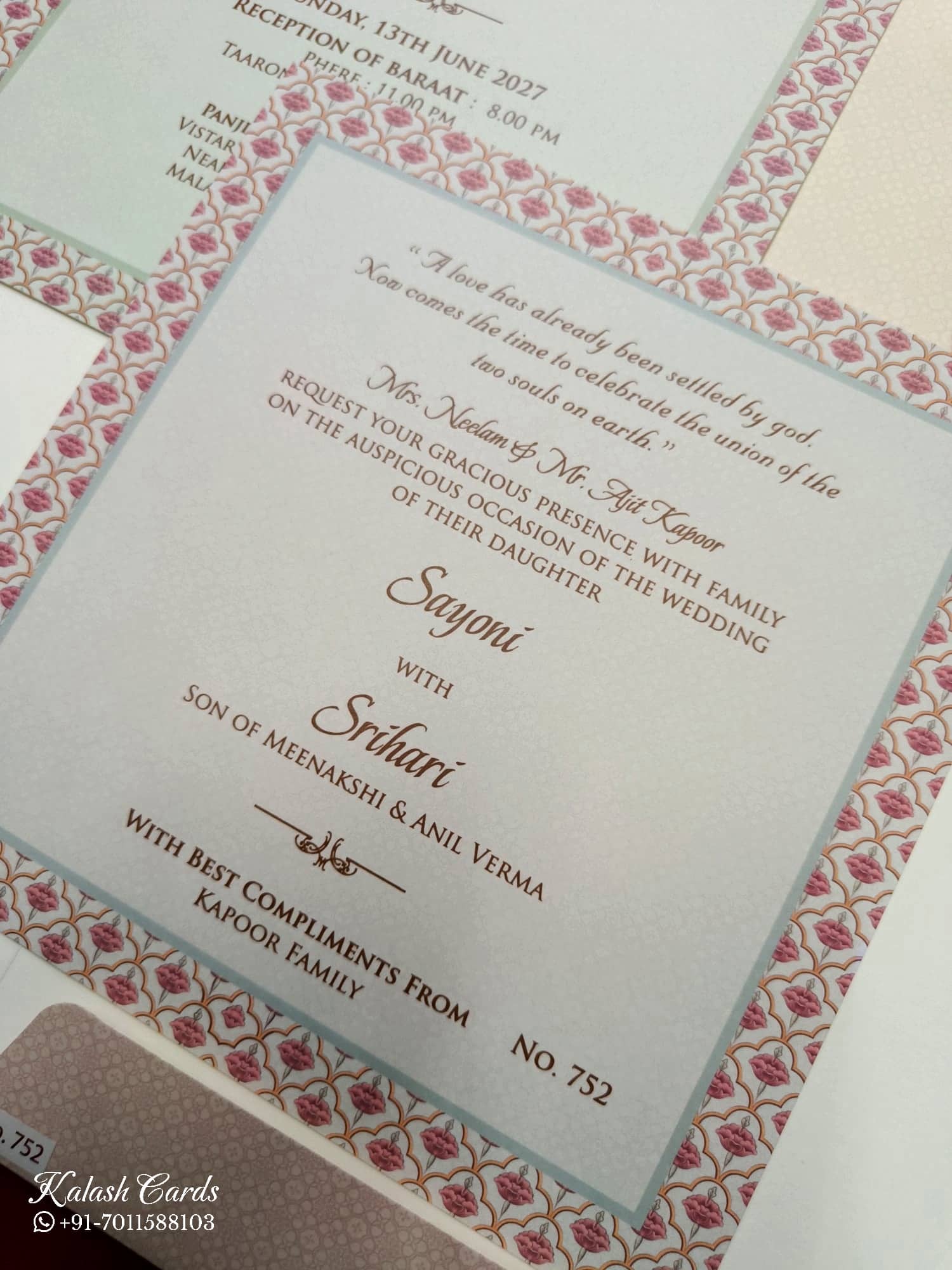 KLB743 Raja Rani Royal Fort Design Creme Color Semi Box Wedding Card (2 Page & Couple Name Acrylic)