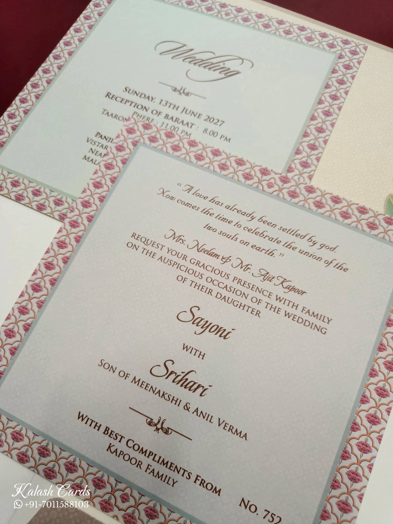 KLB743 Raja Rani Royal Fort Design Creme Color Semi Box Wedding Card (2 Page & Couple Name Acrylic)