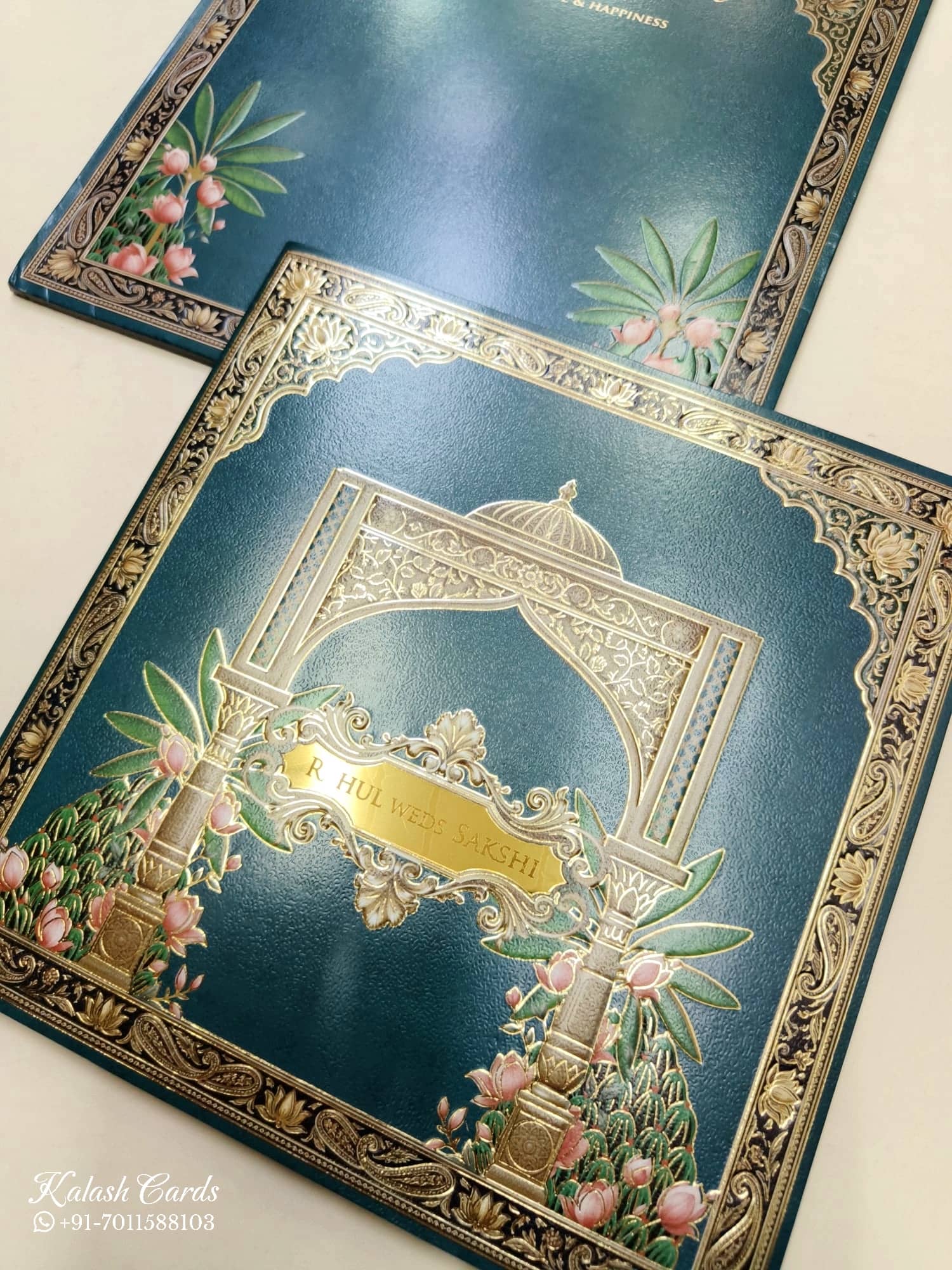 KLB744 Floral Design Blue Color Embossed Semi Box Wedding Card (2 Page & Couple Name Acrylic)