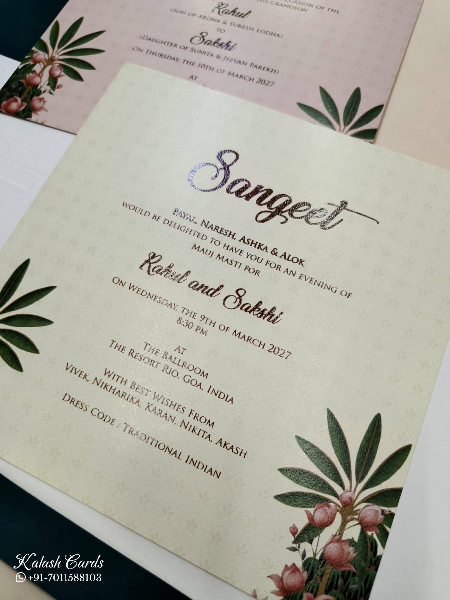 KLB744 Floral Design Blue Color Embossed Semi Box Wedding Card (2 Page & Couple Name Acrylic)