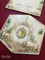 KLB745 Royal Fort Design Creme Color Double Door Style Semi Box Wedding Card (2 Page & Couple Initial Acrylic)