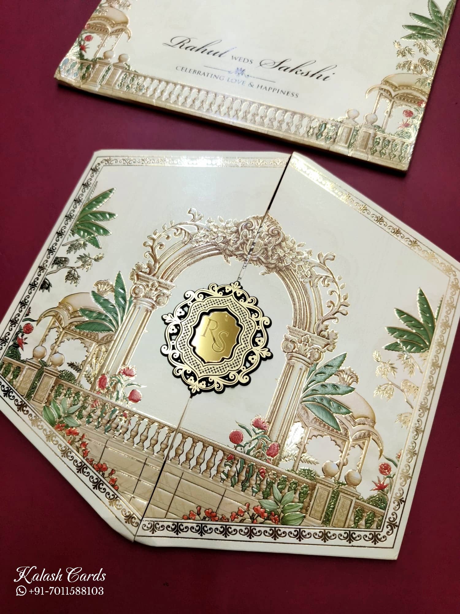 KLB745 Royal Fort Design Creme Color Double Door Style Semi Box Wedding Card (2 Page & Couple Initial Acrylic)