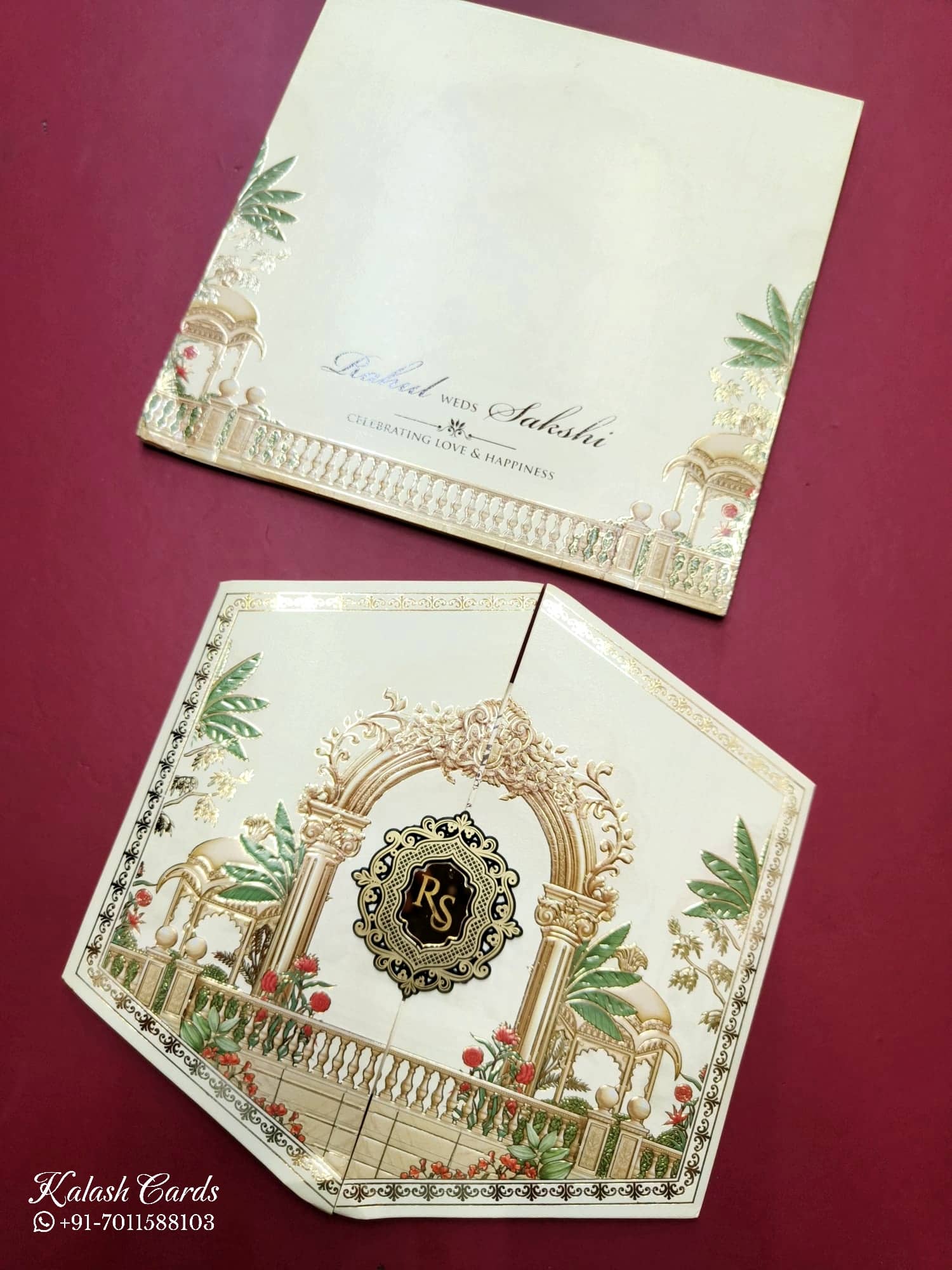 KLB745 Royal Fort Design Creme Color Double Door Style Semi Box Wedding Card (2 Page & Couple Initial Acrylic)