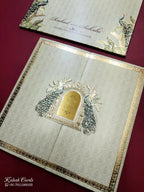 KLB746 Peacock Design Creme Color Embossed Semi Box Wedding Card (2 Page & Couple Name Acrylic)
