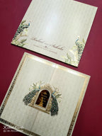 KLB746 Peacock Design Creme Color Embossed Semi Box Wedding Card (2 Page & Couple Name Acrylic)