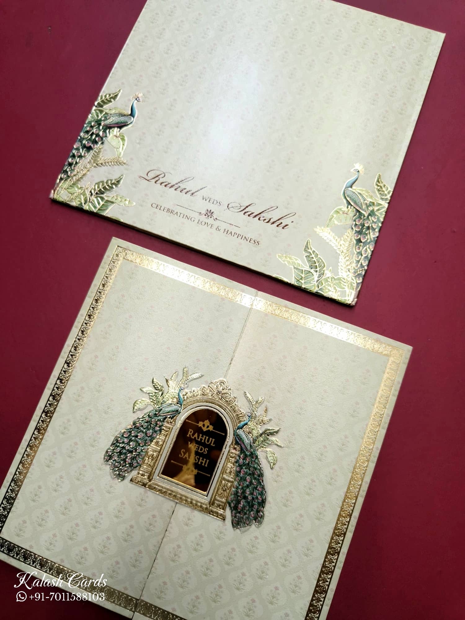 KLB746 Peacock Design Creme Color Embossed Semi Box Wedding Card (2 Page & Couple Name Acrylic)