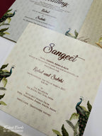KLB746 Peacock Design Creme Color Embossed Semi Box Wedding Card (2 Page & Couple Name Acrylic)