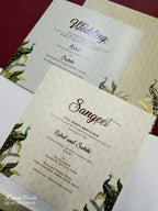 KLB746 Peacock Design Creme Color Embossed Semi Box Wedding Card (2 Page & Couple Name Acrylic)