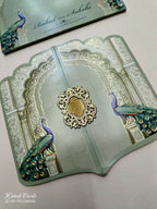 KLB747 Peacock Design Green Color Double Door Style Semi Box Wedding Card (2 Page & Couple Initial Acrylic)