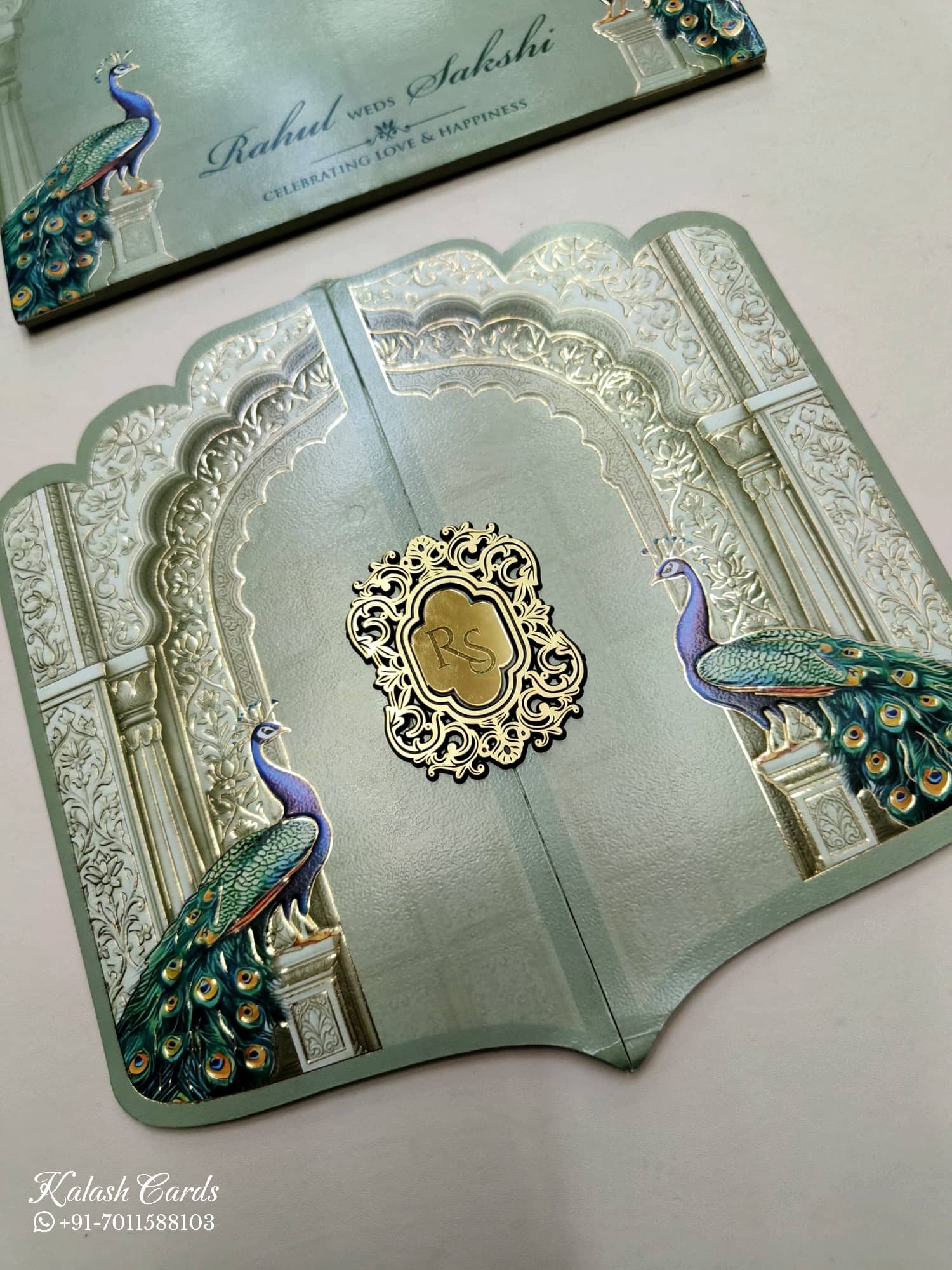 KLB747 Peacock Design Green Color Double Door Style Semi Box Wedding Card (2 Page & Couple Initial Acrylic)