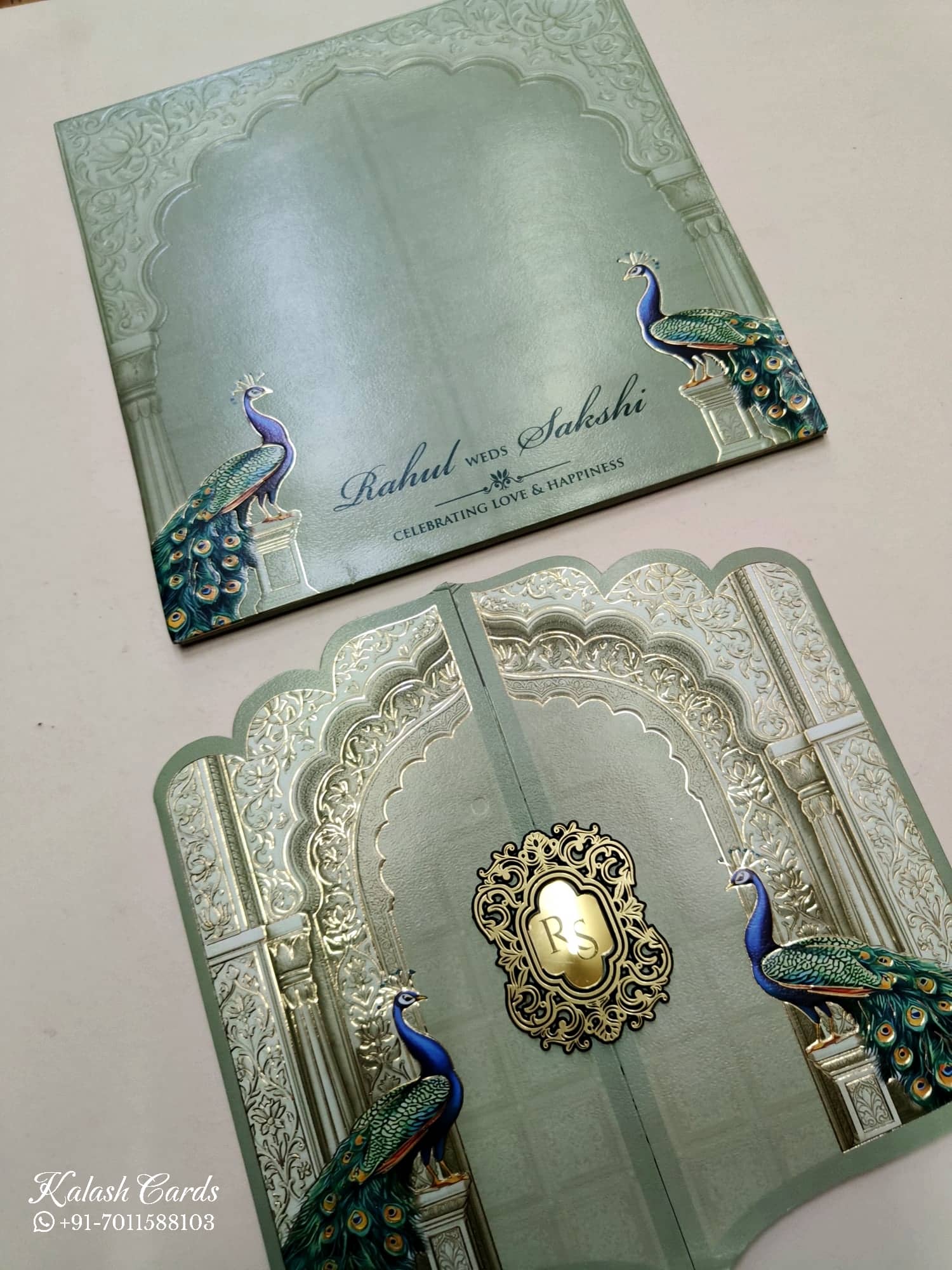 KLB747 Peacock Design Green Color Double Door Style Semi Box Wedding Card (2 Page & Couple Initial Acrylic)