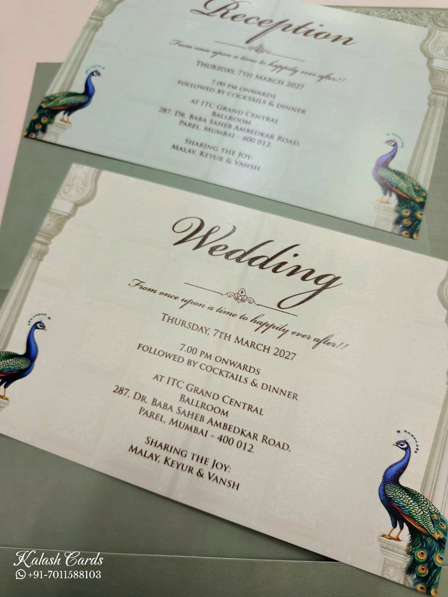 KLB747 Peacock Design Green Color Double Door Style Semi Box Wedding Card (2 Page & Couple Initial Acrylic)