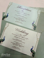 KLB747 Peacock Design Green Color Double Door Style Semi Box Wedding Card (2 Page & Couple Initial Acrylic)