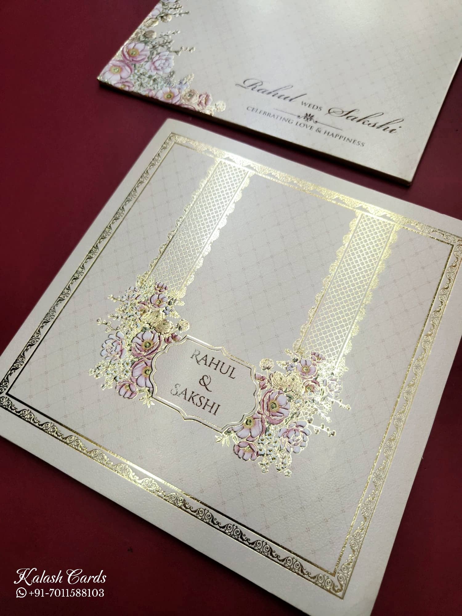 KLB748 Rose Floral Design Creme Color Embossed Semi Box Wedding Card (2 Page)