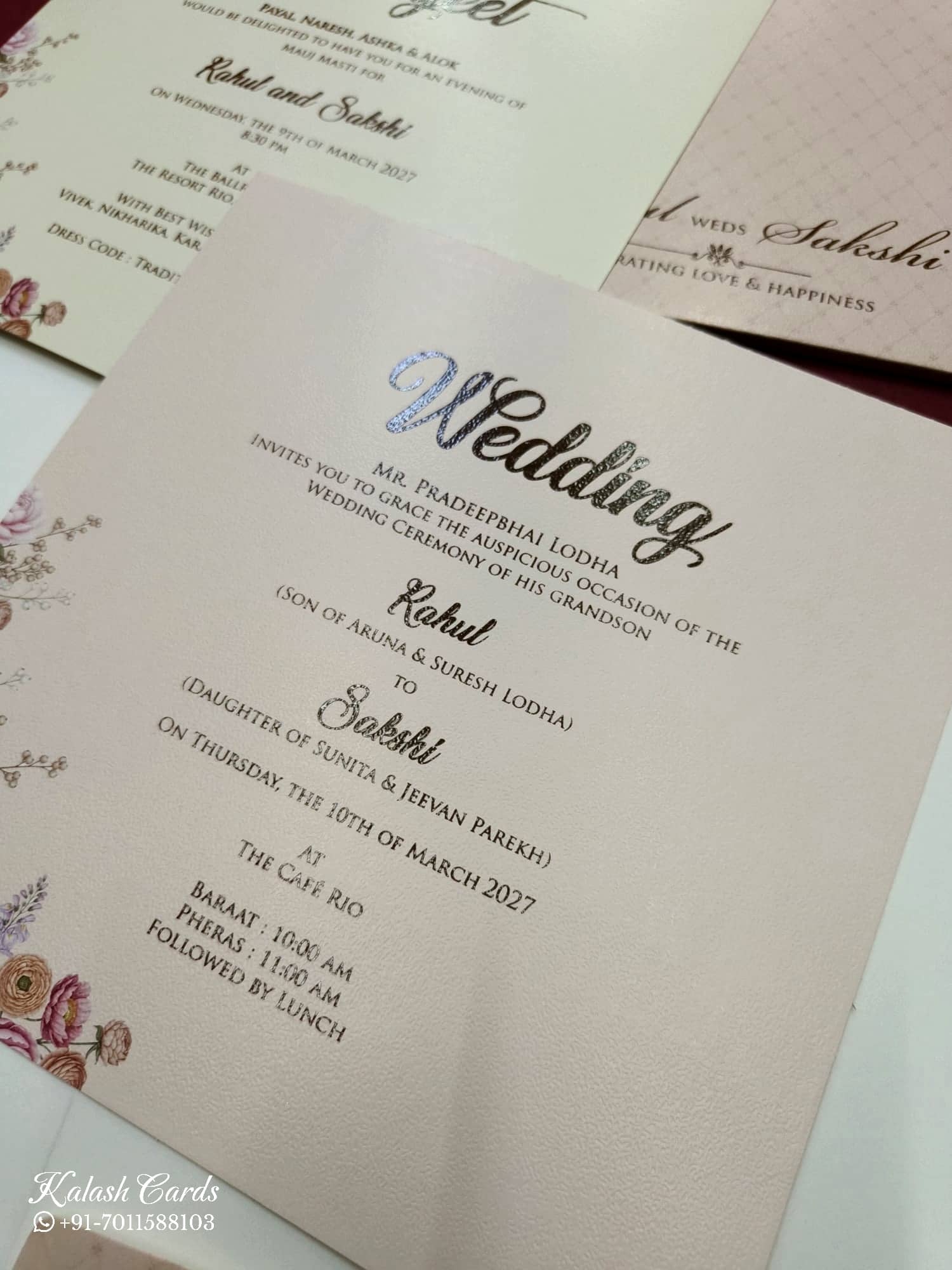 KLB748 Rose Floral Design Creme Color Embossed Semi Box Wedding Card (2 Page)
