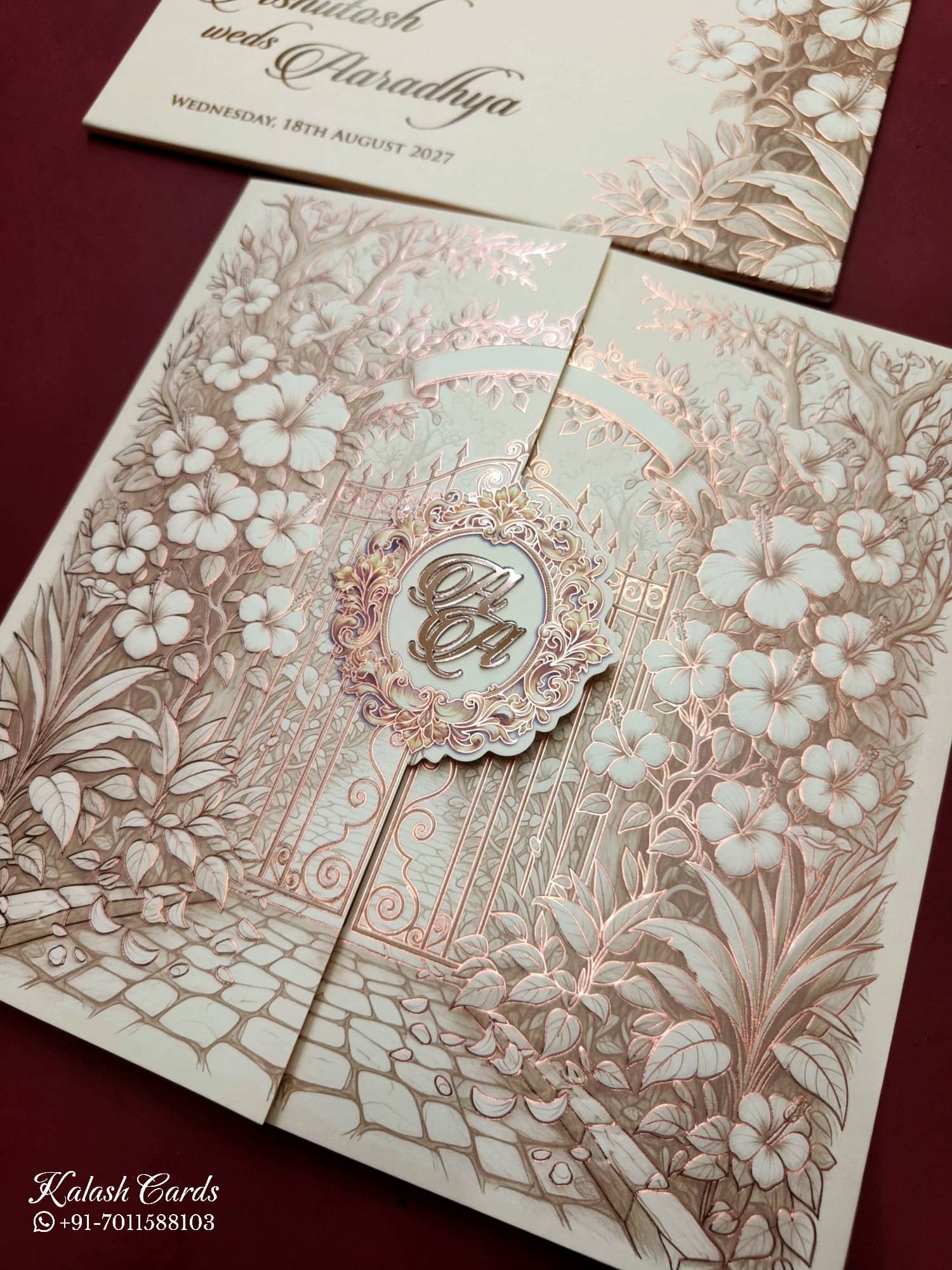 KLB749 Floral Design Creme Color Double Door Style Embossed Semi Box Wedding Card (2 Page & Couple Initial Acrylic)