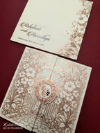 KLB749 Floral Design Creme Color Double Door Style Embossed Semi Box Wedding Card (2 Page & Couple Initial Acrylic)