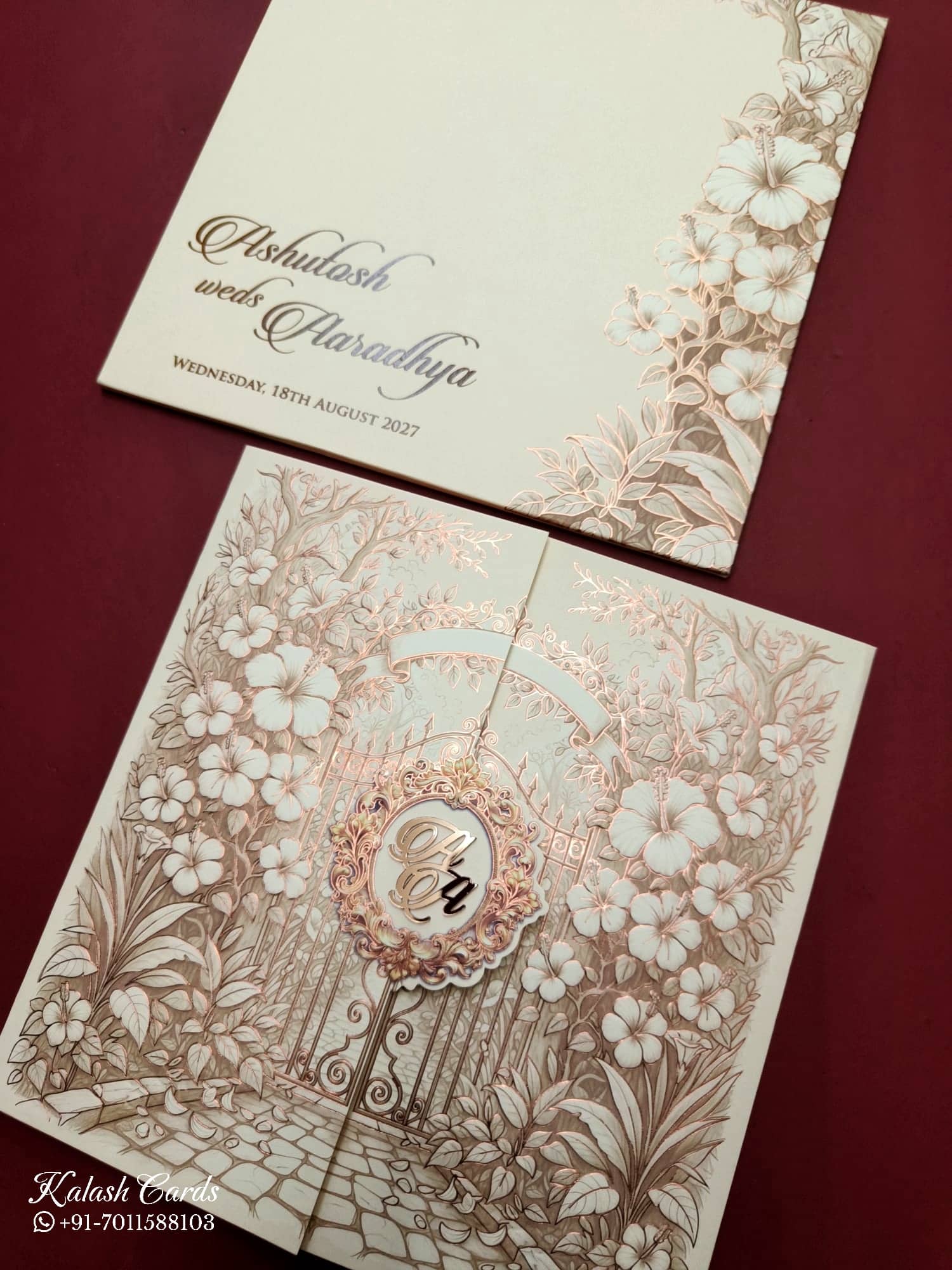KLB749 Floral Design Creme Color Double Door Style Embossed Semi Box Wedding Card (2 Page & Couple Initial Acrylic)