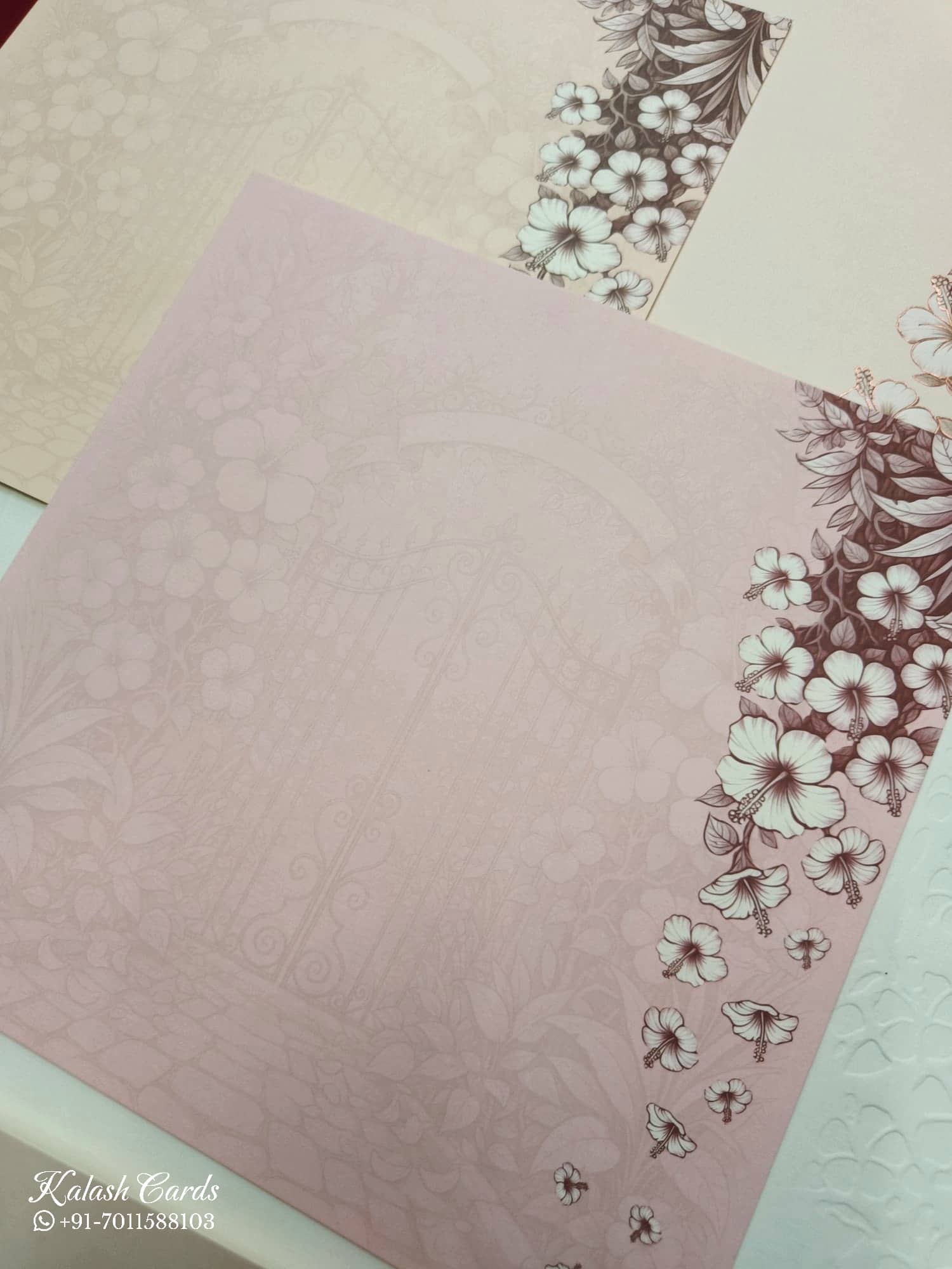 KLB749 Floral Design Creme Color Double Door Style Embossed Semi Box Wedding Card (2 Page & Couple Initial Acrylic)
