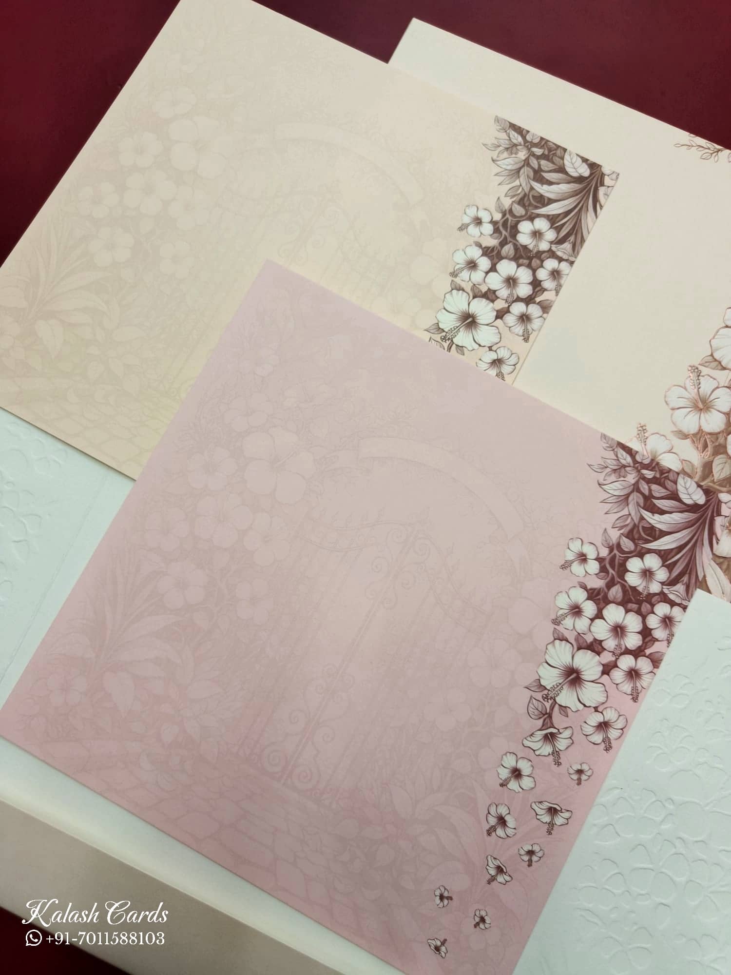 KLB749 Floral Design Creme Color Double Door Style Embossed Semi Box Wedding Card (2 Page & Couple Initial Acrylic)
