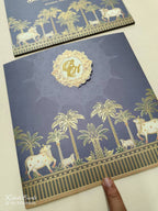 KLB750 Traditional Pichwai Design Royal Blue Color Double Door Style Semi Box Wedding Card (2 Page & Couple Initial Acrylic)