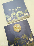 KLB750 Traditional Pichwai Design Royal Blue Color Double Door Style Semi Box Wedding Card (2 Page & Couple Initial Acrylic)