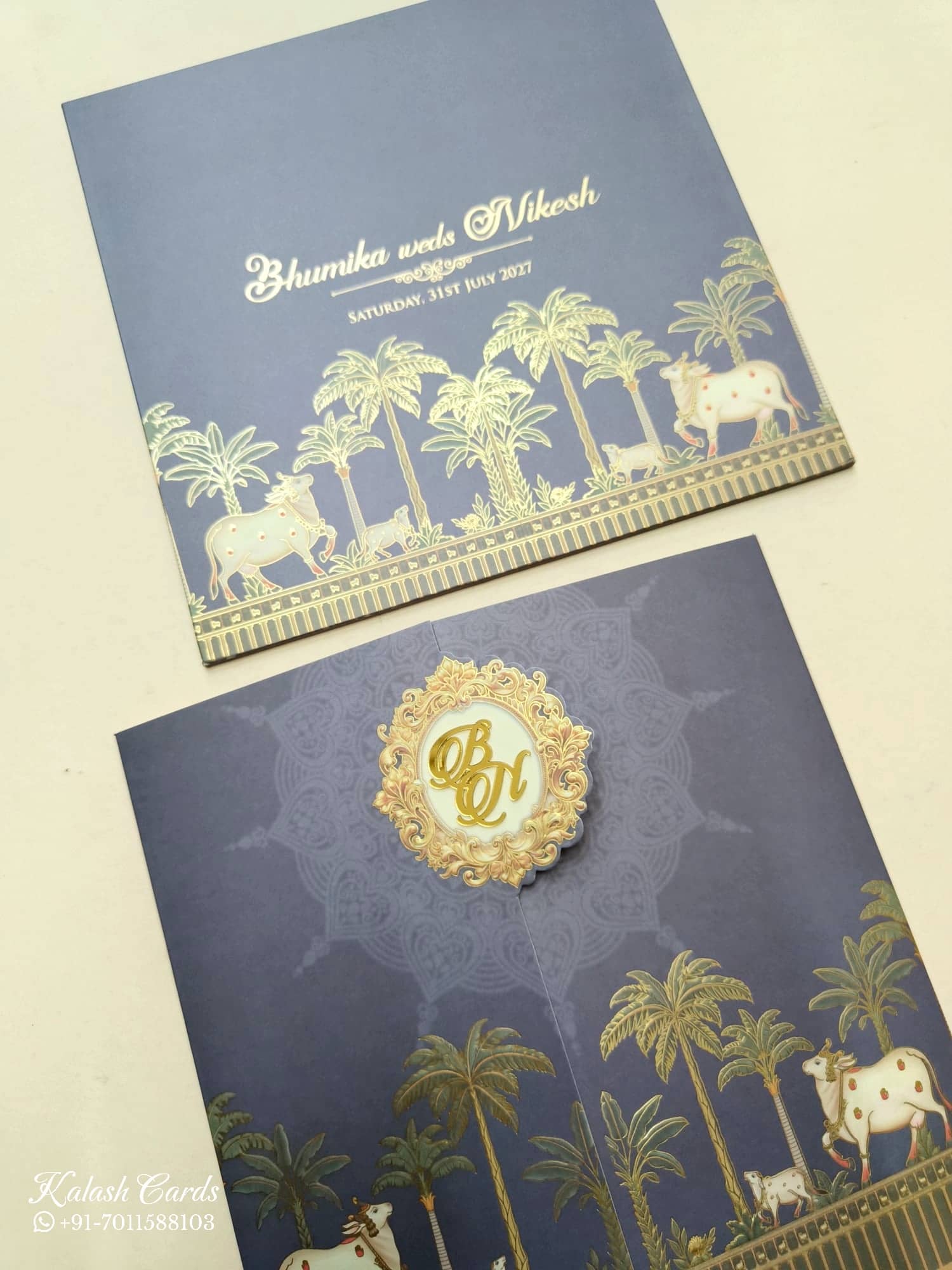 KLB750 Traditional Pichwai Design Royal Blue Color Double Door Style Semi Box Wedding Card (2 Page & Couple Initial Acrylic)