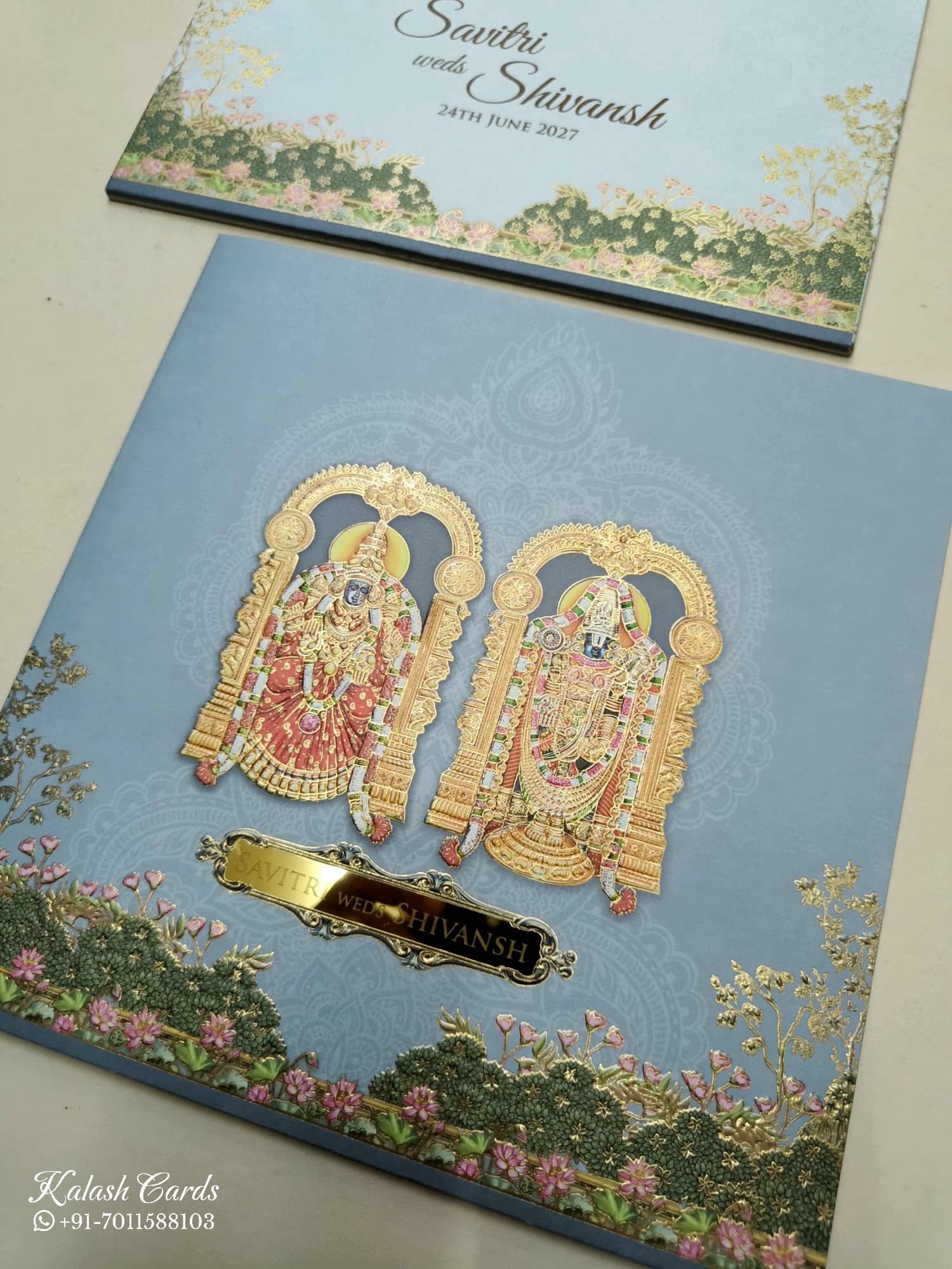 KLB752 Ram Sita Blue Color Semi Box Wedding Card (2 Page & Couple Name Acrylic)