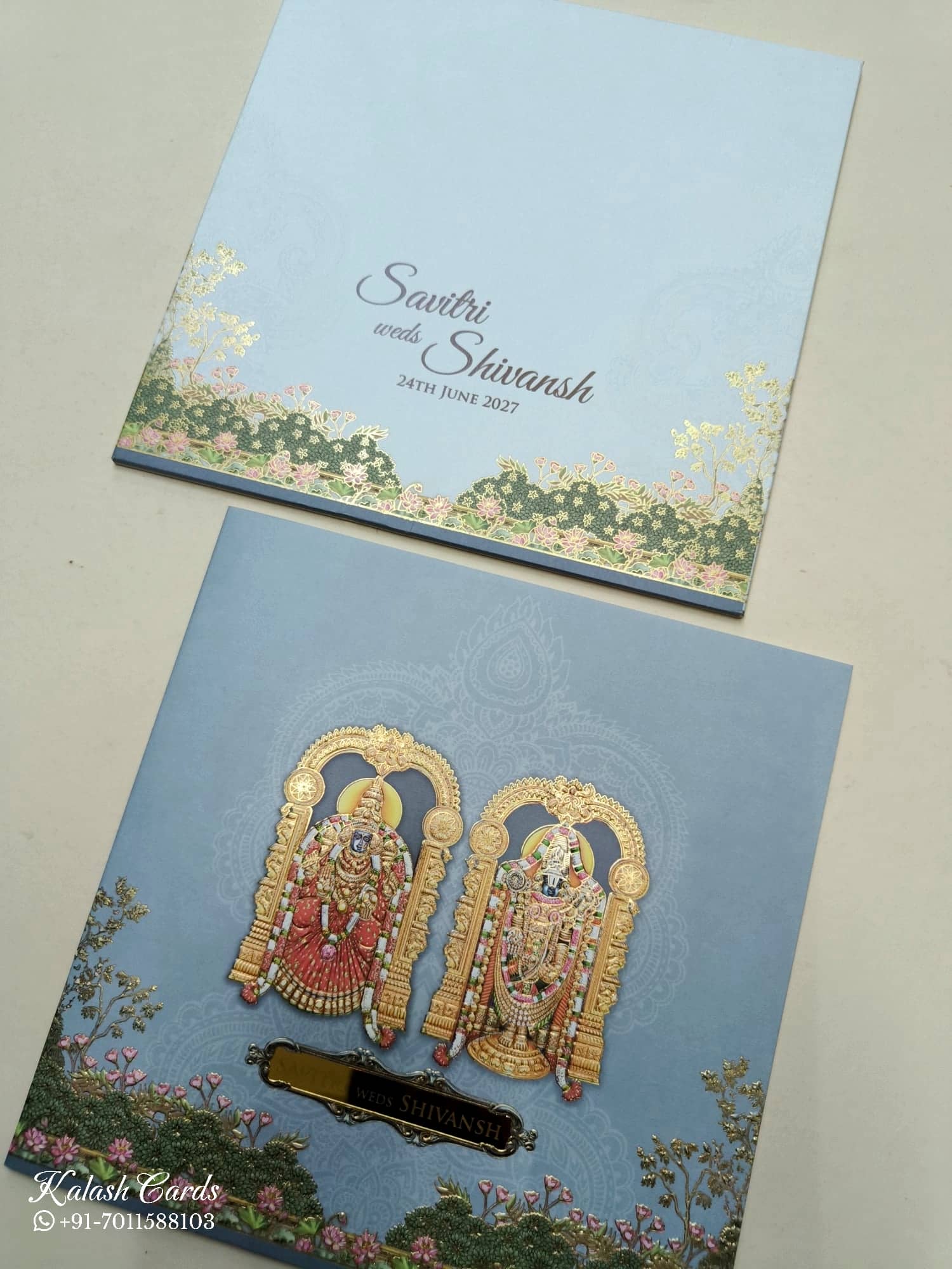KLB752 Ram Sita Blue Color Semi Box Wedding Card (2 Page & Couple Name Acrylic)