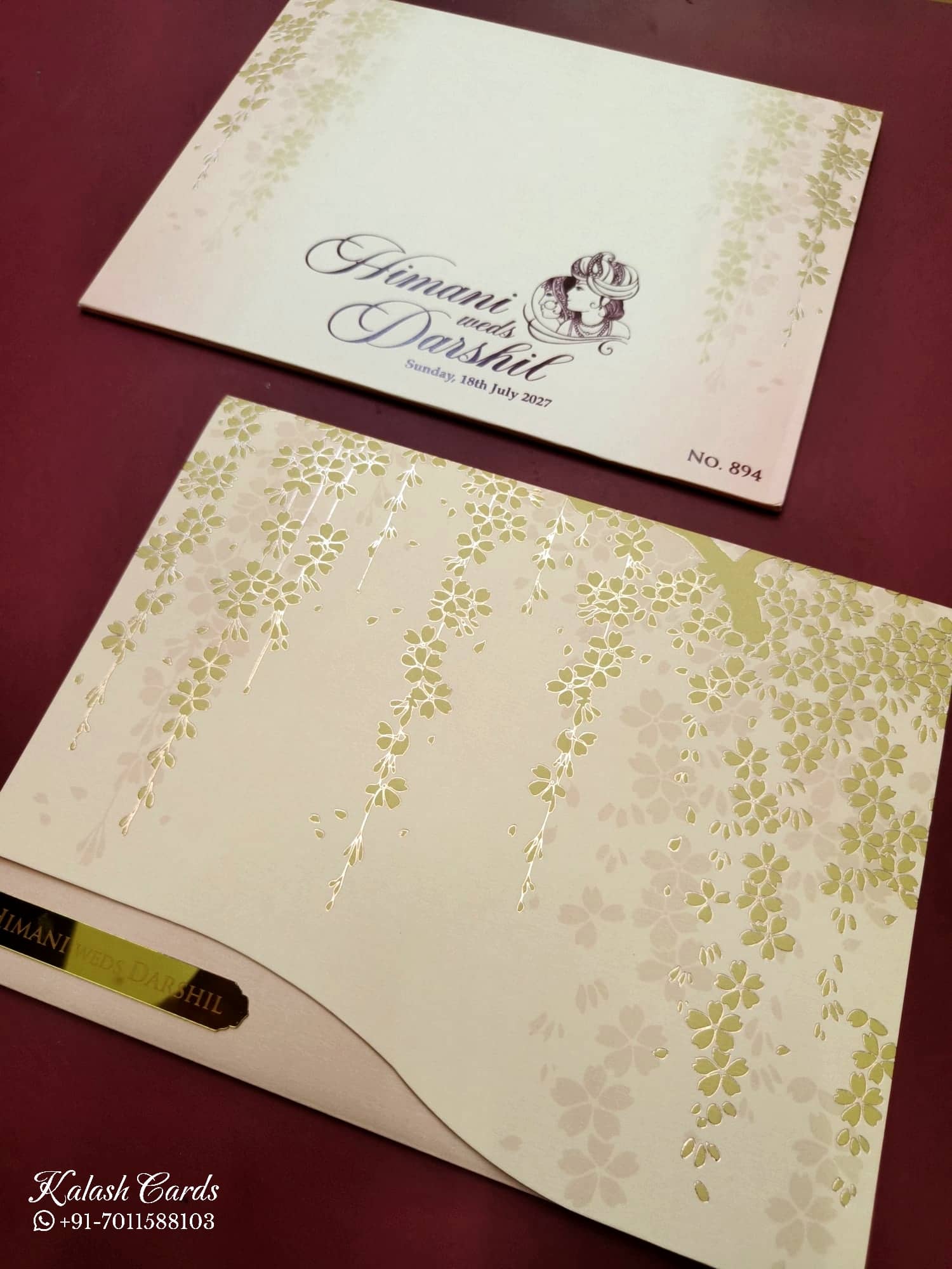 KLB753 Floral Design Creme Color Semi Box Wedding Card (2 Page & Couple Name Acrylic)