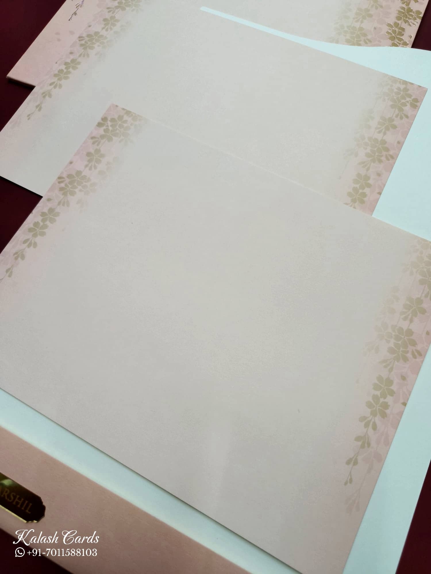 KLB753 Floral Design Creme Color Semi Box Wedding Card (2 Page & Couple Name Acrylic)