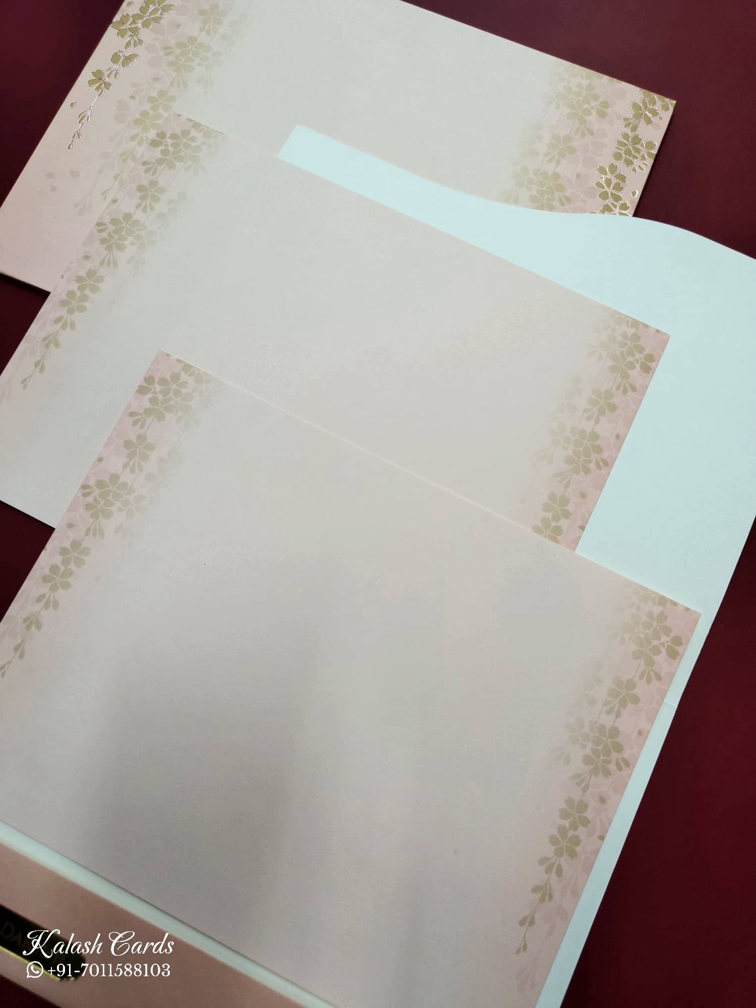 KLB753 Floral Design Creme Color Semi Box Wedding Card (2 Page & Couple Name Acrylic)