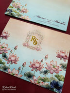 KLB754 Lotus Floral Design Blue Pink Color Embossed Semi Box Wedding Card (2 Page & Couple Initial Acrylic)