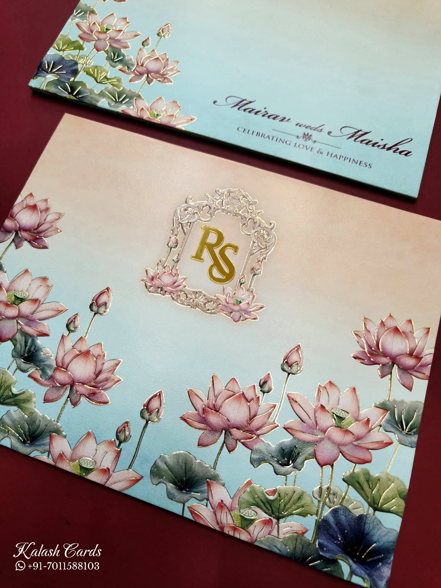 KLB754 Lotus Floral Design Blue Pink Color Embossed Semi Box Wedding Card (2 Page & Couple Initial Acrylic)