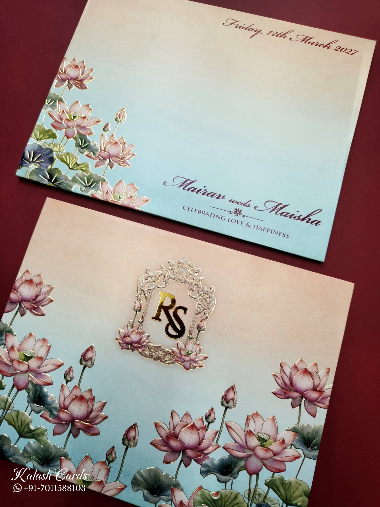 KLB754 Lotus Floral Design Blue Pink Color Embossed Semi Box Wedding Card (2 Page & Couple Initial Acrylic)