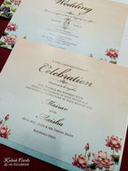 KLB754 Lotus Floral Design Blue Pink Color Embossed Semi Box Wedding Card (2 Page & Couple Initial Acrylic)